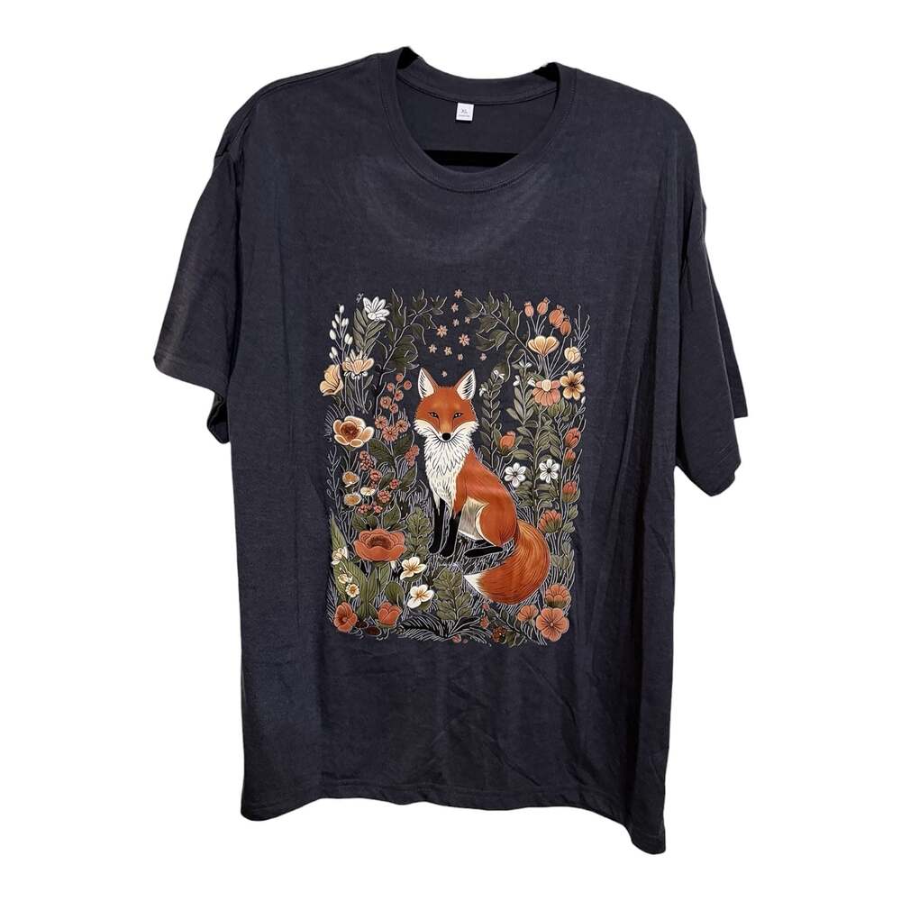 Size X-Large Fox Sitting In Floral Flower Meadow Custom Graphic Unisex T-Shirt - Picture 3 of 4